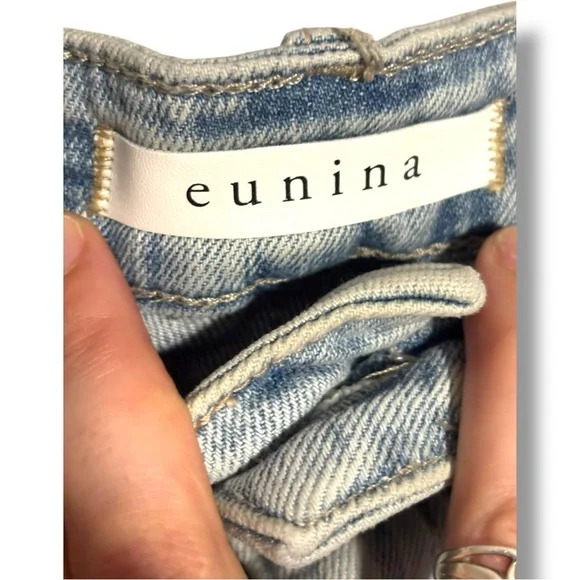 Eunina Light Blue Distressed Frayed Hem Micro Mini Jean Shorts - Picture 6 of 11